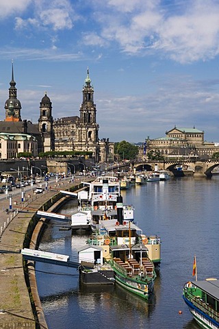 Excursion boat on Bruehl's Terrace, Semper Opera House, Church of the Royal Court, Royal Palace, Dresden, Saxony, Germany, Europe