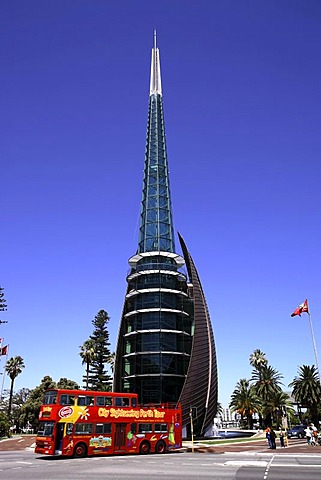 Swan Bells-tower and red sight-seeing tourist bus, Perth, Western Australia, Australia