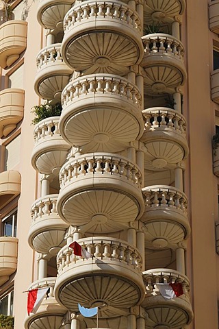 Round balconies of a high rise apartment building in the Le Larvotto district, Principality of Monaco, Cote d'Azur, Europe