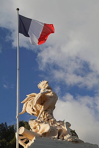 Sculpture of the Gallic rooster national symbol and French national flag, Alpes Maritimes, Region Provence-Alpes-Cote d'Azur, Southern France, France, Europe