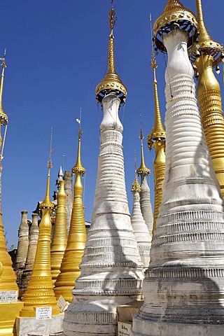 Buddhist temple, golden stupas, pagoda, Indein, Inle Lake, Burma, Myanmar, Southeast Asia