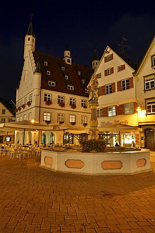 Historic market square with stately town houses at night in the center of Biberach an der Riss, Baden-Wuerttemberg, Germany, Europe