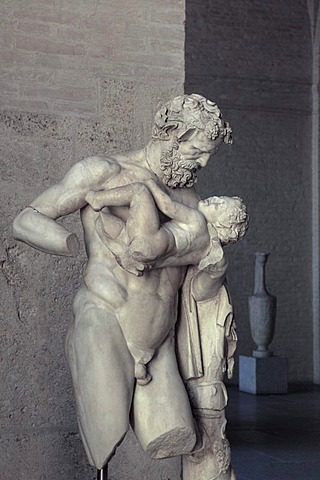 Fatherly Silenus with the young Dionysus, Glyptothek museum, Munich, Bavaria, Germany, Europe