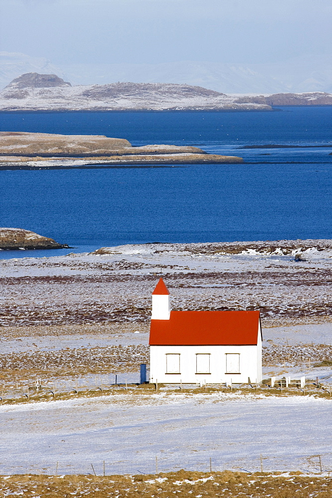 Chapel in the northern fjords in winter in Iceland, Europe