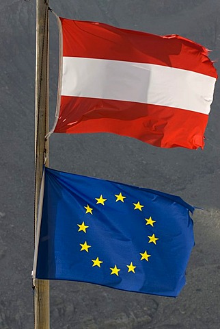 EU and Austrian Flag, Nationalpark Kalkalpen Limestone Alps national park, Upper Austria, Austria, Europe