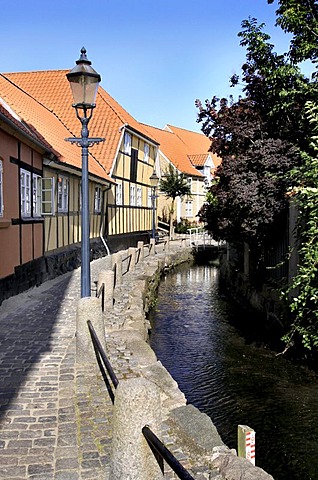 A picturesque little alleyway with river in Bogense, Funen, Fyn, Denmark, Europe