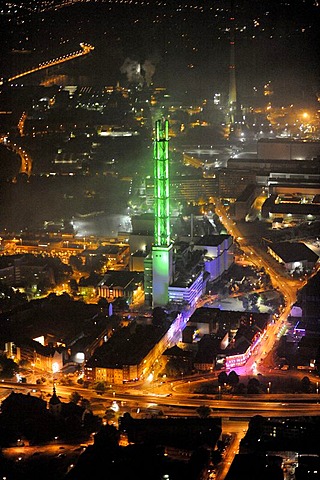 Aerial photo, Stadtwerketurm, chimney of the public utilities, Duisburg, Ruhr Extraschicht 2009 night flight, North Rhine-Westphalia, Germany, Europe