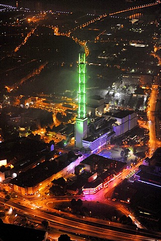 Aerial photo, Stadtwerketurm, chimney of the public utilities, Duisburg, Ruhr Extraschicht 2009 night flight, North Rhine-Westphalia, Germany, Europe