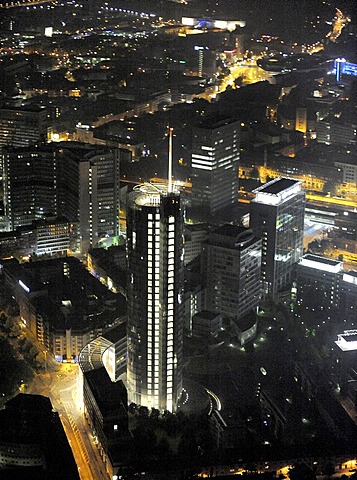 Aerial photo, RWE Turm Evonik City Sued skyscraper, Extraschicht 2009 cultural festival, night flight, Essen, Ruhrgebiet area, North Rhine-Westphalia, Germany, Europe