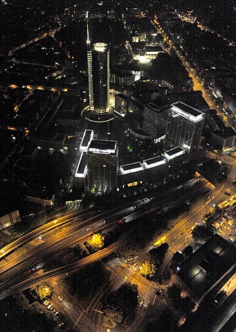 Aerial photo, RWE Turm Evonik City Sued skyscraper, Extraschicht 2009 cultural festival, night flight, Essen, Ruhrgebiet area, North Rhine-Westphalia, Germany, Europe