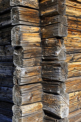 Wood connections on a wooden cabin, Seiser Alm, Dolomites, South Tyrol, Italy, Europe