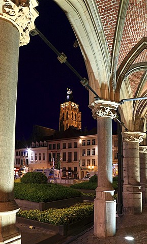 Grote Markt square, in the back the tower of the Gothic Sint-Walburgakerk church, Sint-Walburga church, view from the portico of the city hall by Henri van Pede, Oudenaarde, Flanders, Belgium, Europe