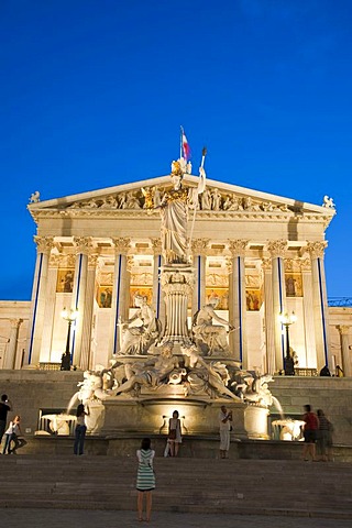 Parlament parliament building at dusk, Pallas-Athene-Brunnen fountain, Ringstrasse street, Vienna, Austria, Europe