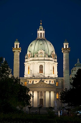 Karlskirche church at night, Vienna, Austria, Europe