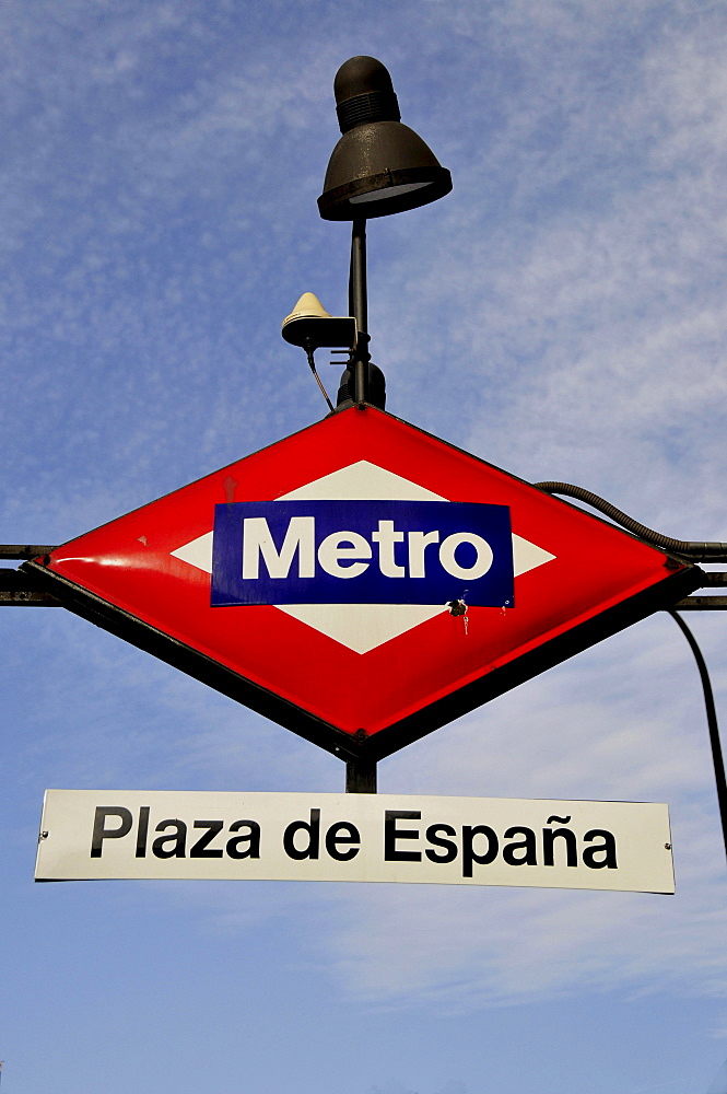 Sign Metro, subway, Plaza de Espana, Madrid, Spain, Iberian Peninsula, Europe