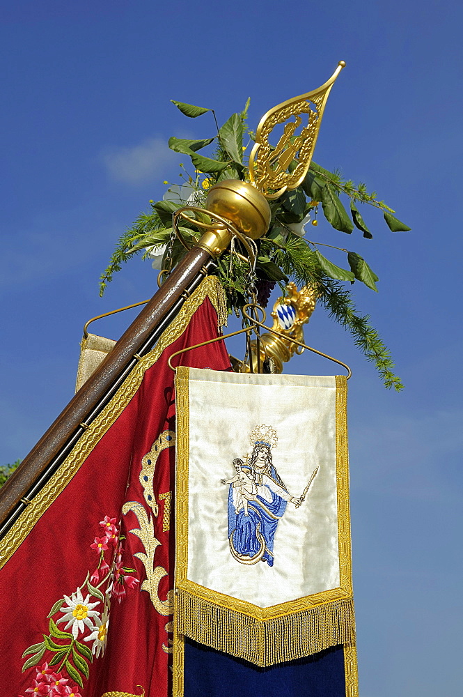 Banners and flags, detail, Bavaria, Upper Bavaria, Germany, Europe