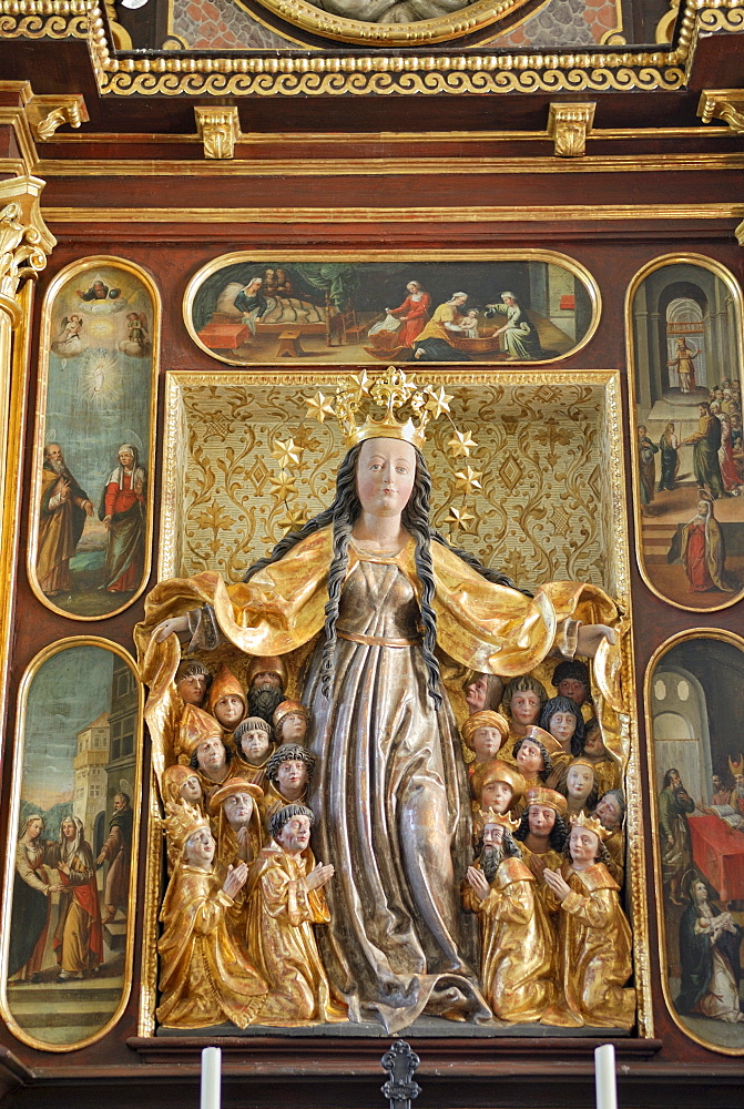 Baroque altar with sheltering-cloak Madonna, Maria-Schutz-Kirche church of the Protection, Fischbachau, Upper Bavaria, Bavaria, Germany, Europe