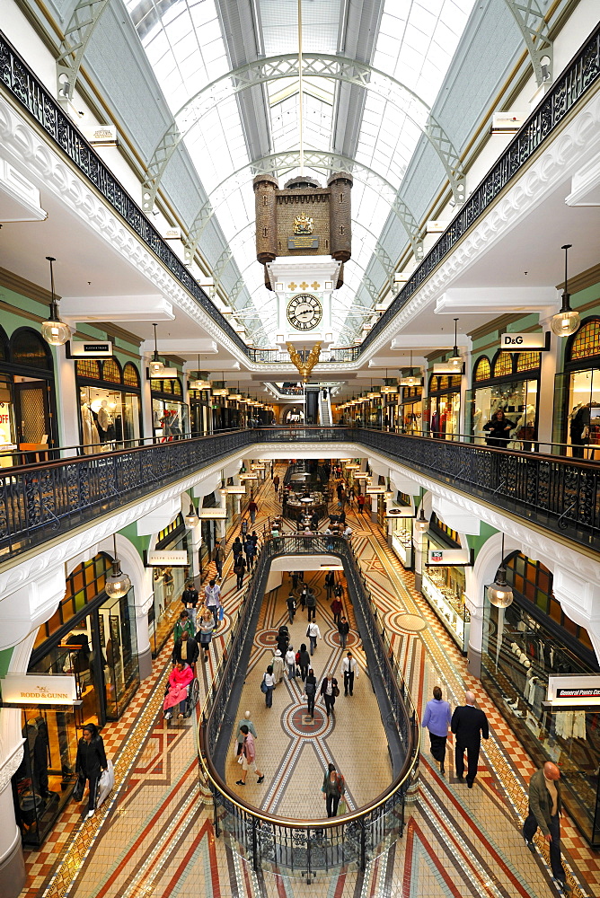 Great Australian Clock, arcades, boutiques, QVB, Queen Victoria Building, shopping centre, Sydney, New South Wales, Australia