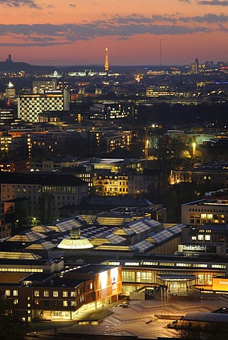 View over the Kulturforum cultural forum on the evening skyline of Berlin with art gallery, Kunstgewerbemuseum Arts and Crafts Museum, Tiergarten district, Hotel Intercontinental, Funkturm television tower, ICC and Teufelsberg, Berlin, Germany, Europe