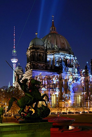 Berlin Cathedral and Fernsehturm television tower, with equestrian statue of the Altes Museum, illuminated at the Festival of Lights, Lustgarten pleasure garden, Berlin Mitte district, Berlin, Germany, Europe