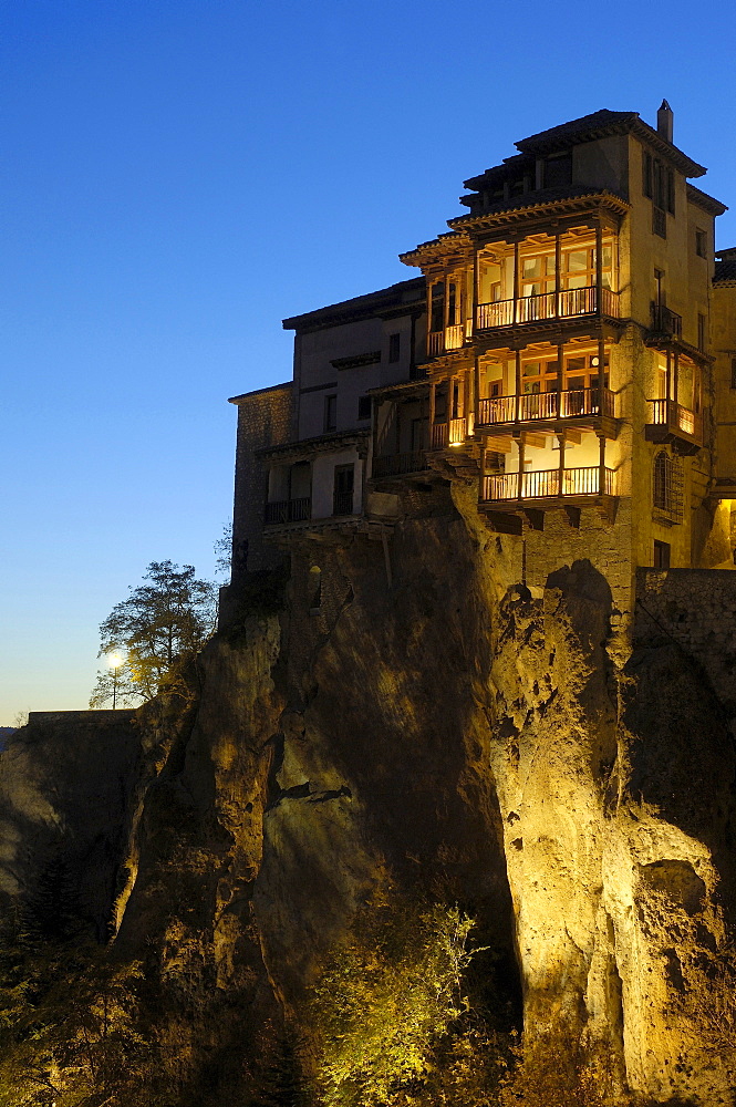 The Hanging Houses at dusk, Cuenca, UNESCO World Heritage Site, Castilla-La Mancha, Spain, Europe