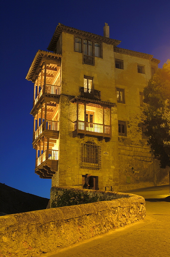 The Hanging Houses at dusk, Cuenca, UNESCO World Heritage Site, Castilla-La Mancha, Spain, Europe