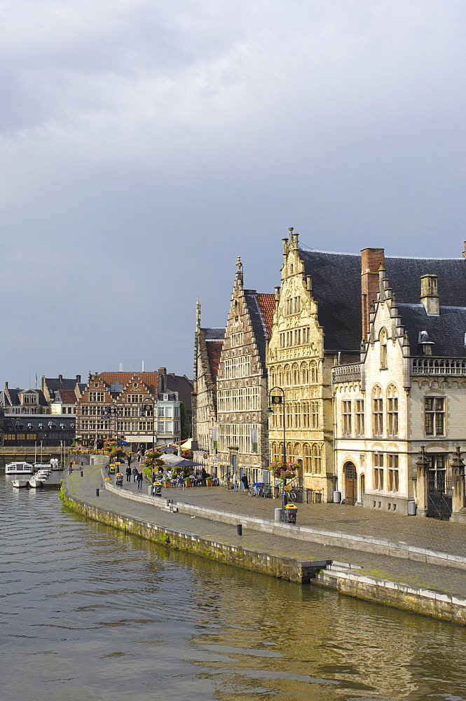 Houses, facades and water reflections at Leie River, Ghent, Flanders, Belgium, Europe