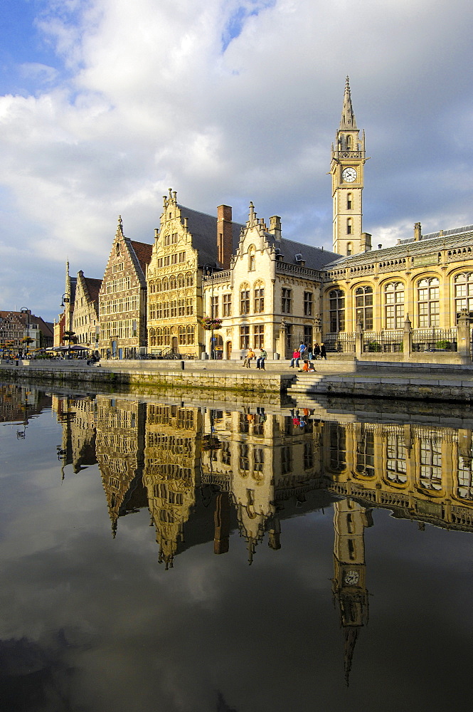 Water reflections of the guild houses at Leie River, Ghent, Flanders, Belgium, Europe