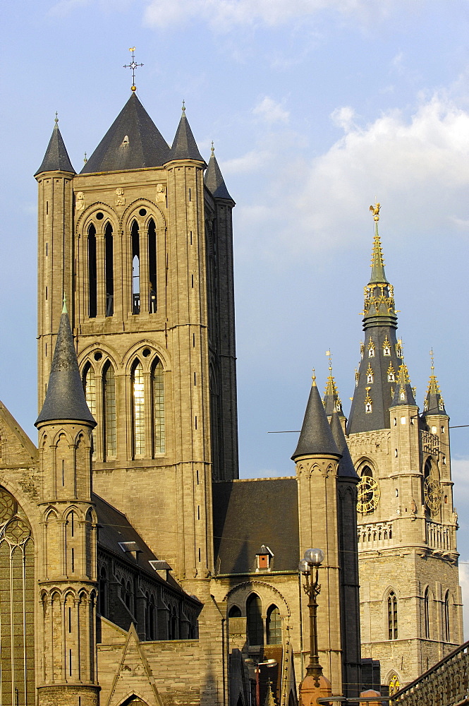 St, Nicholas' Church and Lakenhalle from St. Michael's bridge, Ghent, Flanders, Belgium, Europe