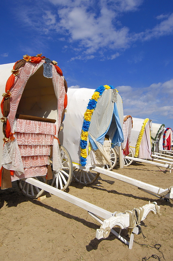 Typical carriages at El Rocio village, "Romeria", pilgrimage, to El Rocio, Almonte, Huelva province, Andalucia, Spain, Europe