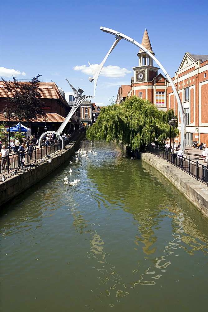 Waterside with Empowerment Sculpture and River Witham, Lincoln, Lincolnshire, England, United Kingdom, Europe