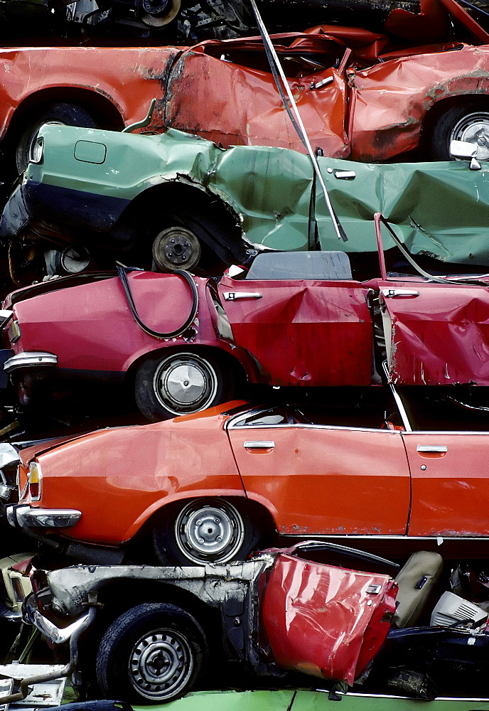 Car wrecks of old car models, stacked, auto recycling, junk yard, North Rhine-Westphalia, Germany, Europe