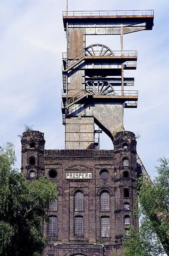 Malakowturm Tower with retracted pit frame, unrenovated, former Prosper II pit, Prosper-Haniel, Bottrop, Ruhr area, North Rhine-Westphalia, Germany, Europe