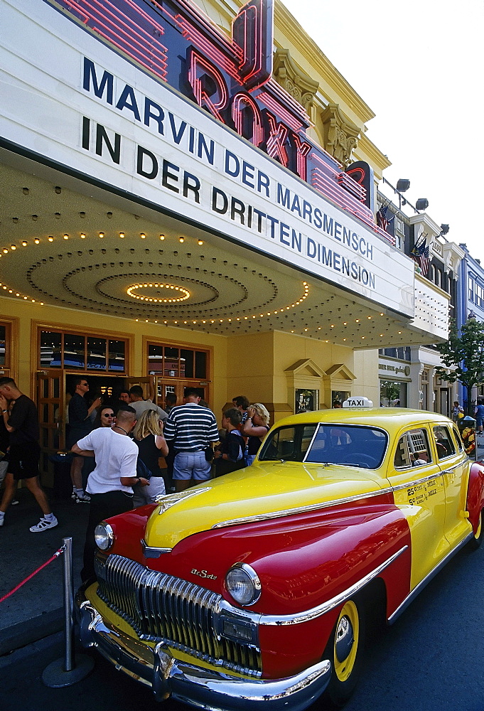 De Soto vintage car parked in front of the entrance of a 3-D movie theater, movie: Marvin the Martian, Warner Brothers Movie World 2003, now Movie Park Germany, Bottrop Kirchhellen, Ruhr area, North Rhine-Westphalia, Germany, Europe