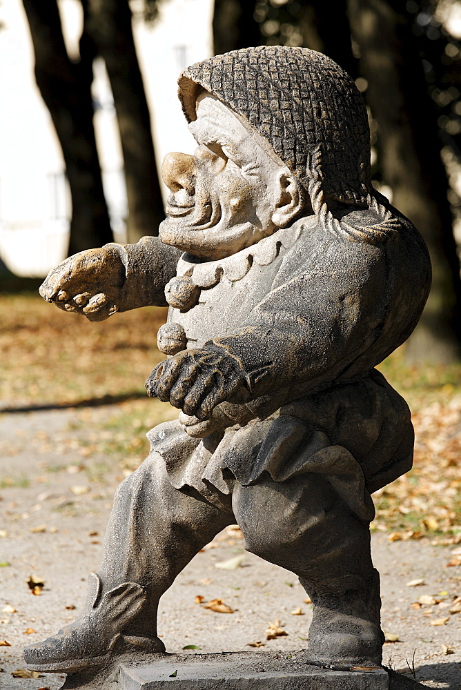 Male dwarf with a big nose, sculpture series of crippled people from the Baroque period, Zwergelgarten, Mirabellgarten Mirabell Palace gardens, Salzburg, Austria, Europe