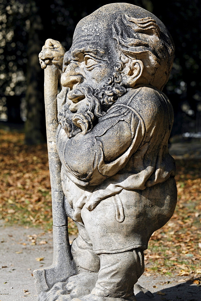 Bearded dwarf with a bump on the head, sculpture series of crippled people from the Baroque period, Zwergelgarten, Mirabellgarten Mirabell Palace gardens, Salzburg, Austria, Europe