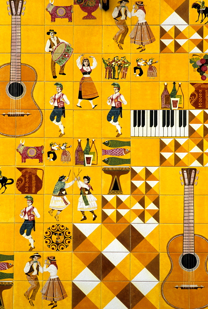 Tile facade, motifs from dance and music, Barrio Alto, Lisbon, Portugal, Europe