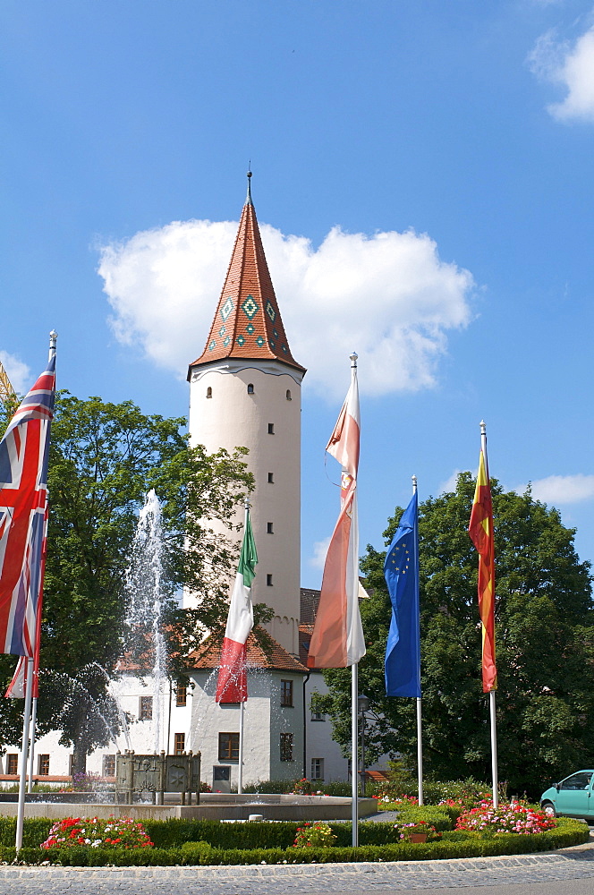 Prison Tower with Europe Fountain, Mindelheim, Swabia, Allgaeu, Bavaria, Germany, Europe