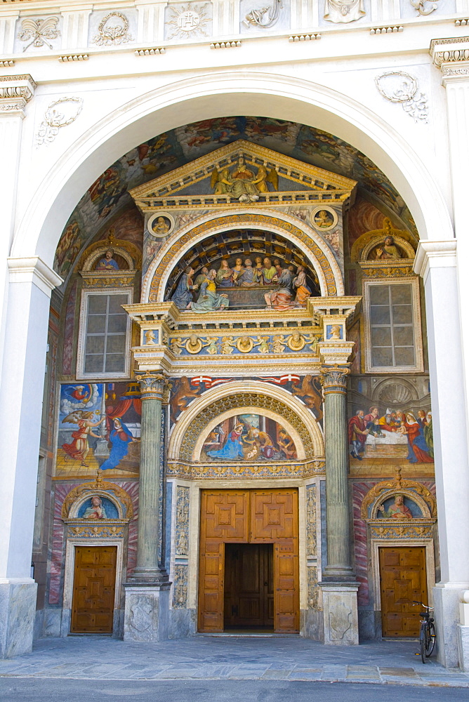 Entrance of Aosta Cathedral, La Cattedrale di Aosta, Piazza Giovanni XXIII, Aosta, Aosta Valley, Valle d'Aosta, Italy, Europe