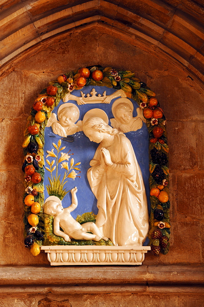 Porcelain relief of a saint in Lincoln Cathedral or St. Mary's Cathedral, 12th and 13th Century, Gothic-Romanesque, Minster Yard, Lincoln, Lincolnshire, England, UK, Europe