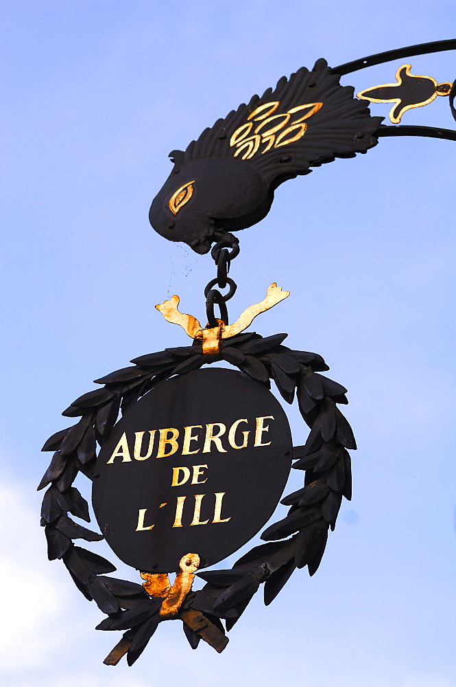 Hanging sign of the famous restaurant Auberge de l'Ill, Illhaeusern, Alsace, France, Europe
