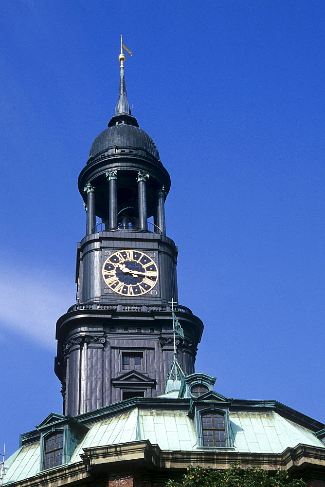 Tower of St. Michael's Church, Michel, Baroque style church, landmark of the Hanseatic City of Hamburg, Germany, Europe