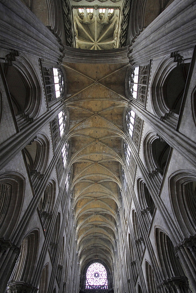 Ceiling of the nave of a Gothic cathedral, Rouen, Normandy, France, Europe