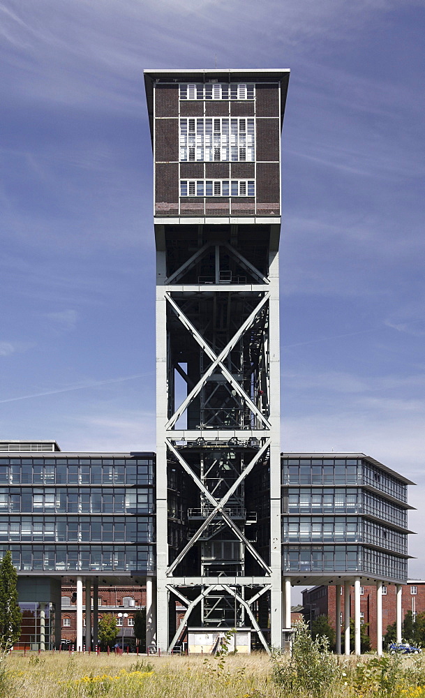 Hammerhead tower of the former Zeche Minister Stein mine, today office building and service center, Dortmund, North Rhine-Westphalia, Germany, Europe