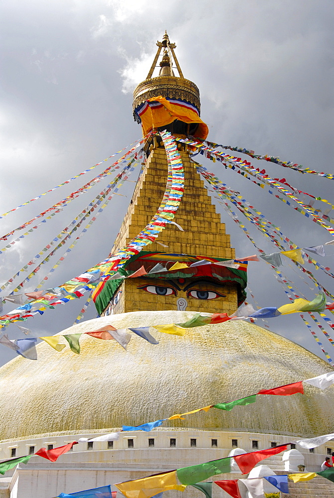 UNESCO World Heritage Site, Tibetan Buddhism, architecture, Bodhnath Stupa, Boudhanath, Boudha, two eyes looking down, colorful prayer flags, Kathmandu, Nepal, Himalaya, Asia