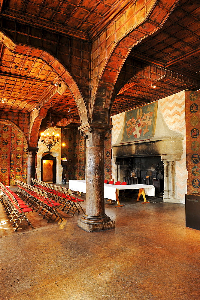 Knights' Hall of the Castle of Chillon on Lake Geneva, Veytaux, Montreux, Switzerland, Europe