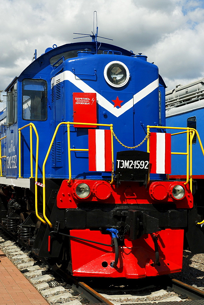 Front view of Soviet shunting diesel locomotive TEM2, built in 1973