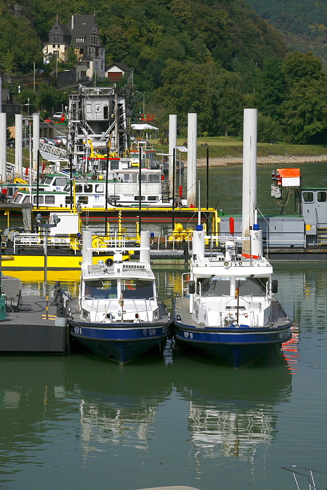 Police boats moored in a protected harbour on the Rhine, St. Goar, Rhineland-Palatinate, Germany, Europe