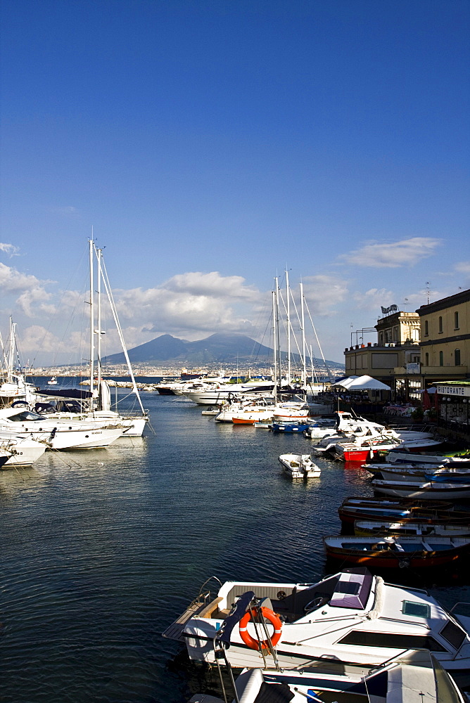 Volcano Vesuvio from small port of Borgo Marinaro, Naples, Campania, Italy, Europe