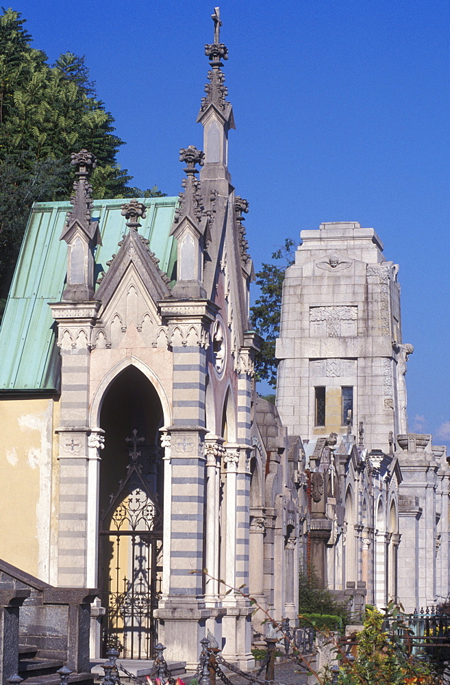 Elaborate tombs at a cemetery near Ascona, family graves, Ticino, Switzerland, Europe